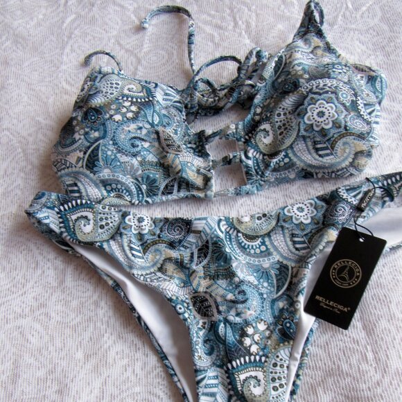Relleciga String Bikini 2 pc Swimsuit Womens size Medium Floral,Turquoise - Picture 2 of 6